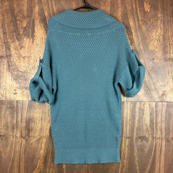 Ann Taylor Womens Sweater Green Cowl Neck Tunic Waffle Knit Roll Tab Oversized M - Picture 10 of 12